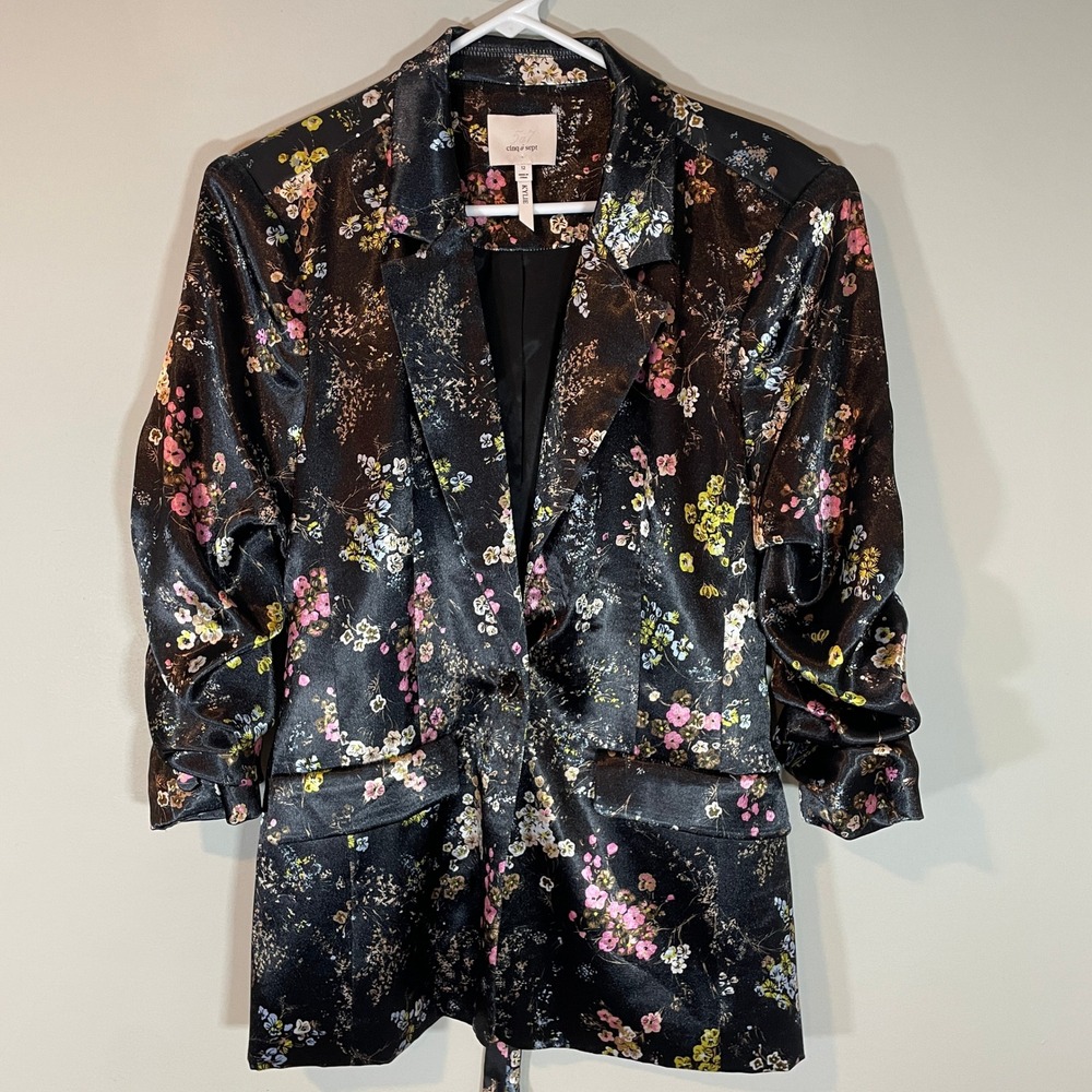 Cinq a Sept Kylie Floral Print Soft Jacket Sakura Floral Black Satin NEW Size 12